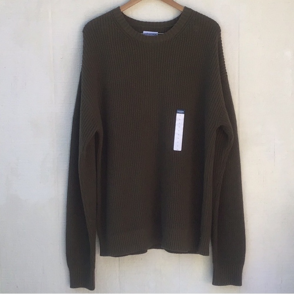 Men's Olive green tan knitted Crewneck Rib-Knit long sleeve Sweater